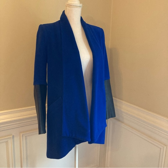 MASON Blue and Black Virgin Wool and Lambskin Leather Coat Jacket - Picture 2 of 9